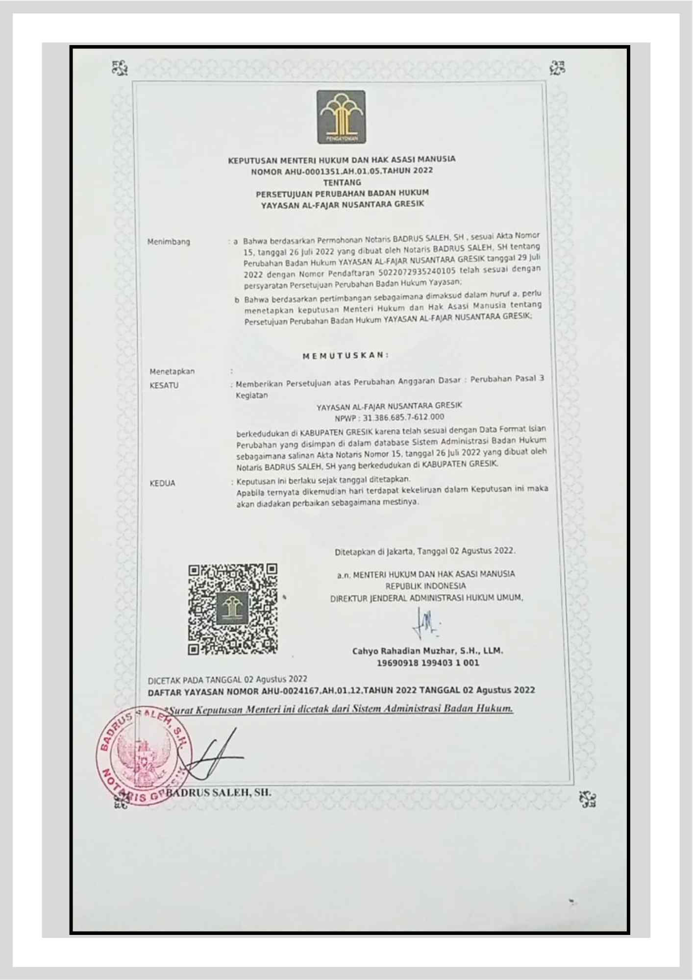 legalitas dokumen yayasan al-fajar gresik