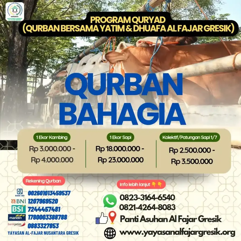 Ingin ibadah qurban tahun ini lebih bermakna? Ikuti program Qurban Yatim Dhuafa Gresik bersama Panti Asuhan Al-Fajar.